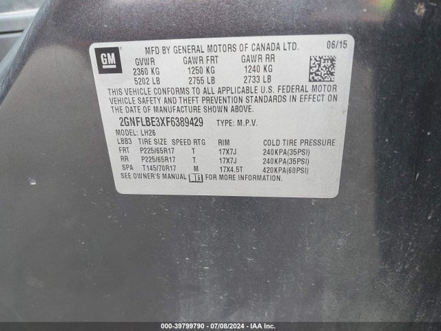 Chevrolet EQUINOX 1LT 2015 2GNFLBE3XF6389429 Image 9