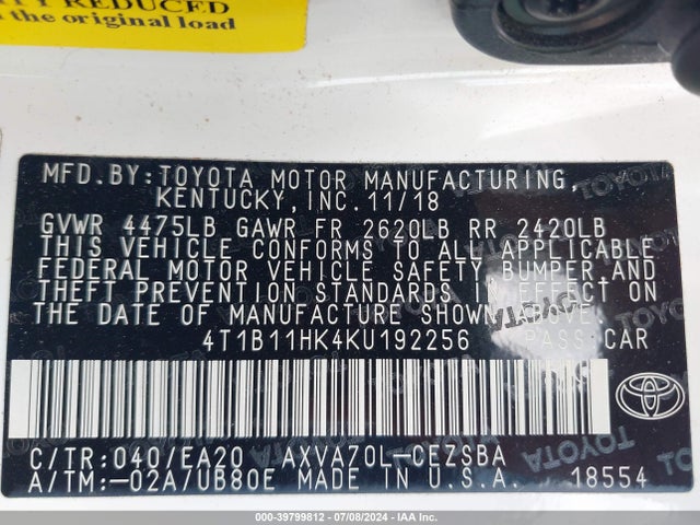 Toyota CAMRY SE 2019 4T1B11HK4KU192256 Image 9