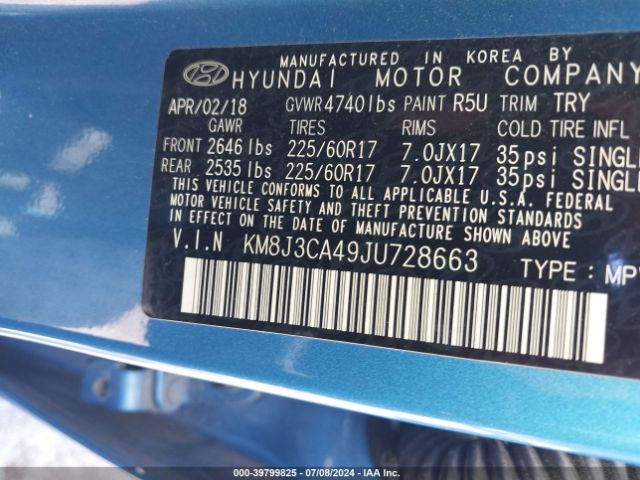 KM8J3CA49JU728663 Hyundai TUCSON SEL