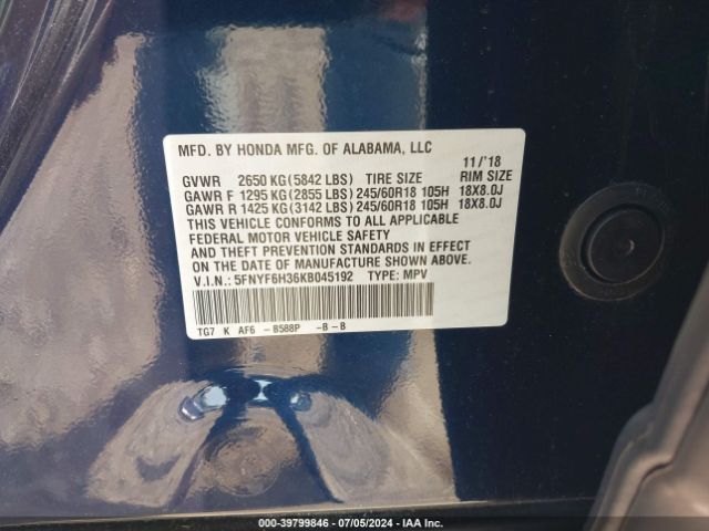 5FNYF6H36KB045192 Honda Pilot Ex