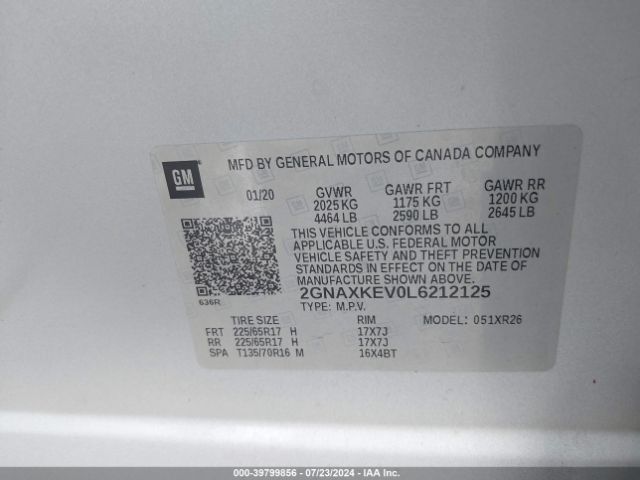 2GNAXKEV0L6212125 Chevrolet Equinox Fwd Lt 1.5l Turbo