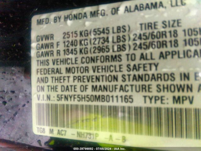 5FNYF5H50MB011165 Honda Pilot 2wd Ex-l