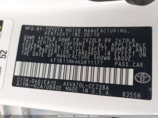4T1B11HK4KU811177 Toyota CAMRY SE