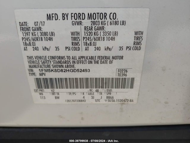 Ford EXPLORER XLT 2017 1FM5K8D82HGD52493 Image 9