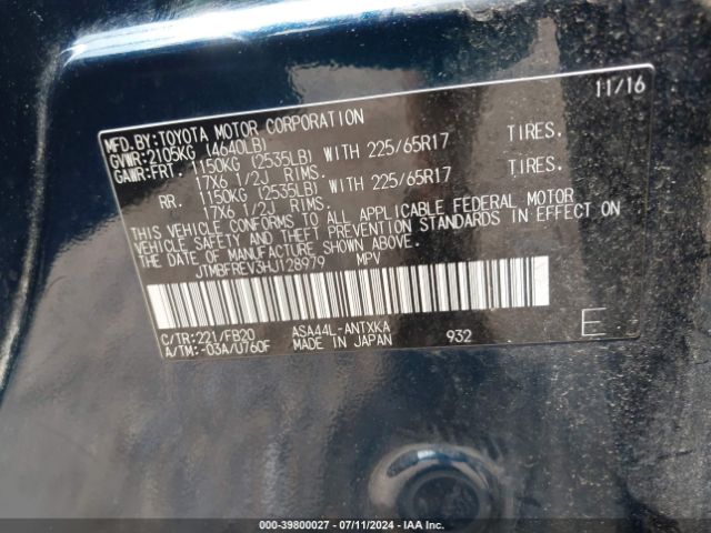 JTMBFREV3HJ128979 Toyota RAV4 LE