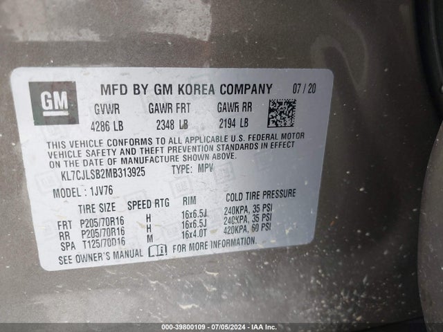 Chevrolet Trax Fwd Lt 2021 KL7CJLSB2MB313925 Image 9