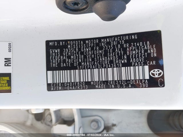 Toyota COROLLA LE 2020 5YFEPRAE0LP043618 Image 9