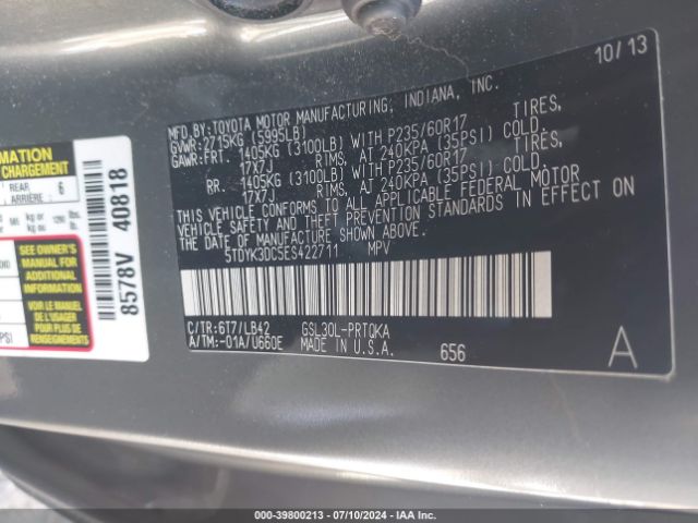 5TDYK3DC5ES422711 Toyota Sienna Xle V6 8 Passenger