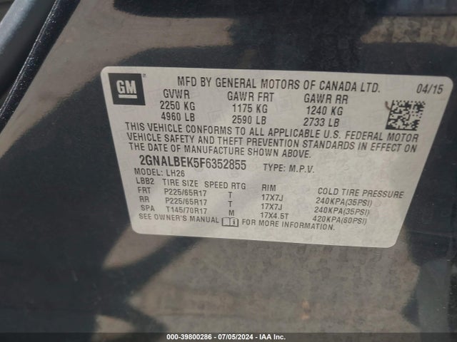 Chevrolet EQUINOX 1LT 2015 2GNALBEK5F6352855 Image 9