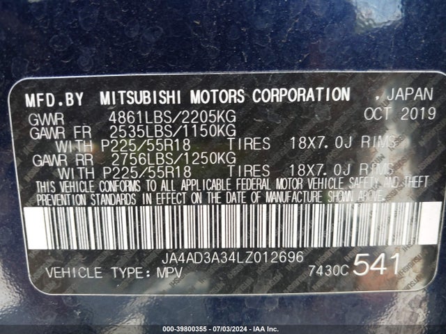 Mitsubishi Outlander Le 2.4 2020 JA4AD3A34LZ012696 Image 9
