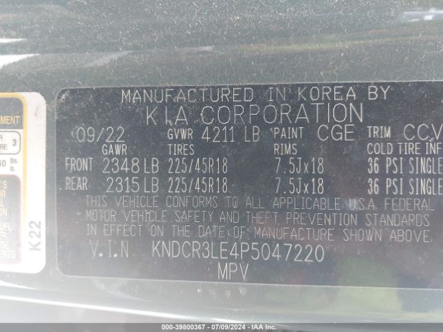 KNDCR3LE4P5047220 KIA Niro Ex Touring