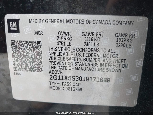 Chevrolet Impala 1fl 2018 2G11X5S30J9171688 Image 9