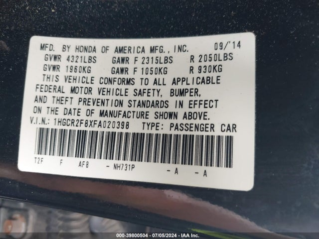 Aukcja sprzedaży 2015 Honda Accord Ex-l, vin: 1HGCR2F8XFA020398, numer aukcji: 39800504