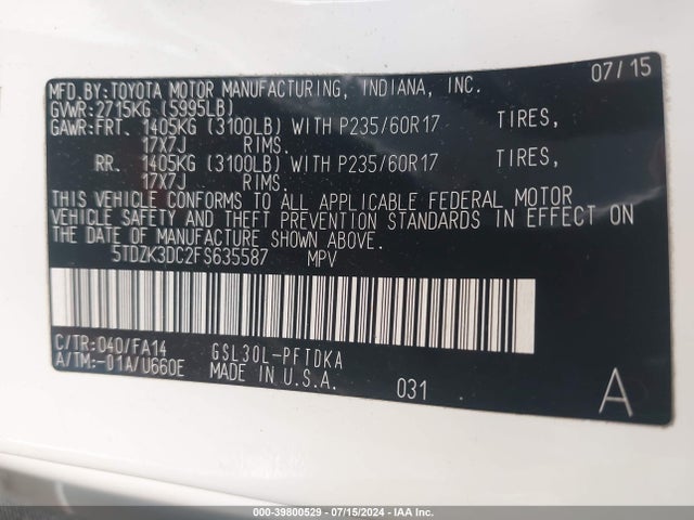 Toyota Sienna L 7 Passenger 2015 5TDZK3DC2FS635587 Image 9