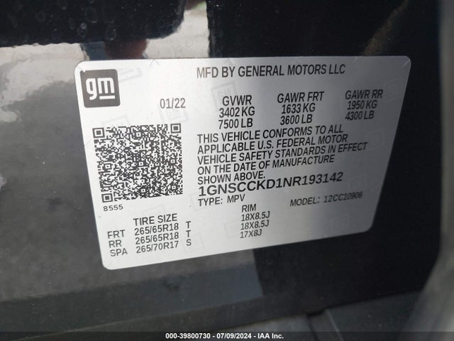 Chevrolet Suburban 2wd Lt 2022 1GNSCCKD1NR193142 Image 9