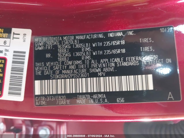 Toyota Highlander Xle 2023 5TDKDRAH2PS523601 Image 9