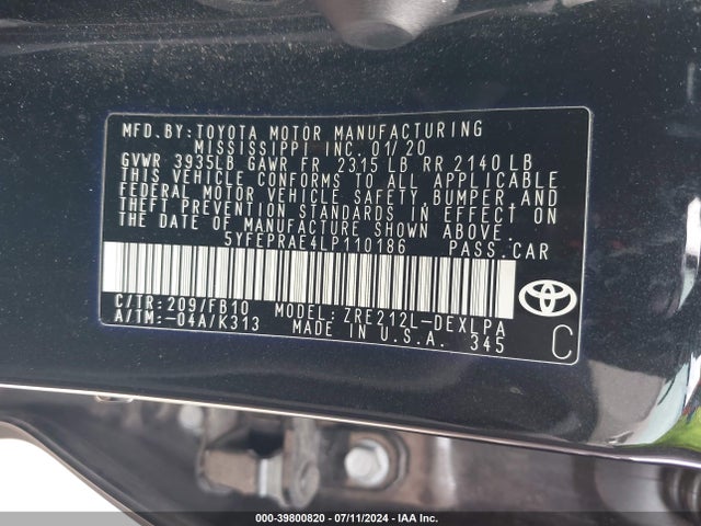 Toyota COROLLA LE 2020 5YFEPRAE4LP110186 Image 9