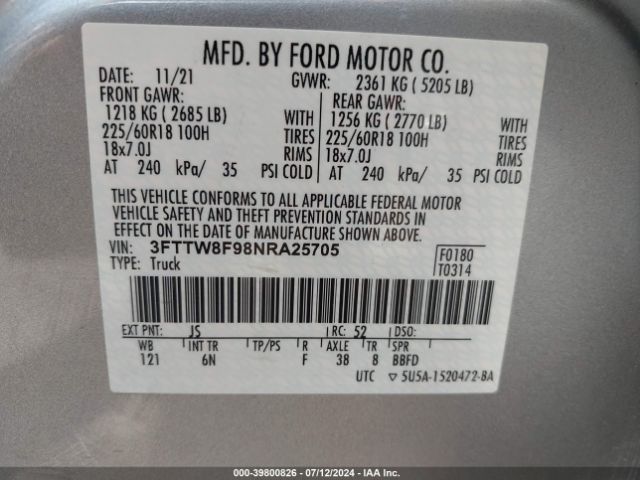 3FTTW8F98NRA25705 Ford Maverick Lariat