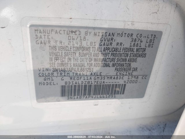 Nissan SENTRA SV 2018 3N1AB7AP4JL661251 Image 9