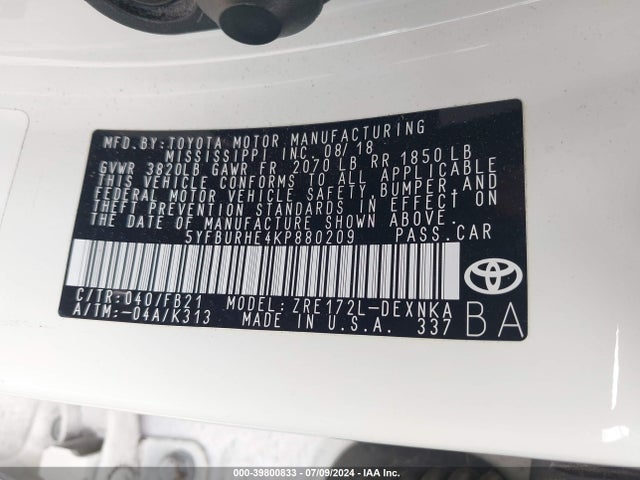 Toyota COROLLA LE 2019 5YFBURHE4KP880209 Image 9