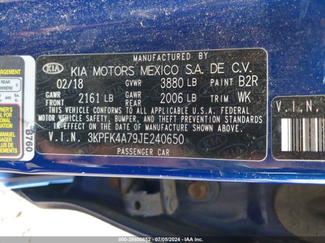 3KPFK4A79JE240650 KIA FORTE LX