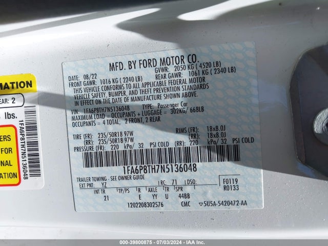 Ford Mustang Ecoboost Fastback 2022 1FA6P8TH7N5136048 Image 9