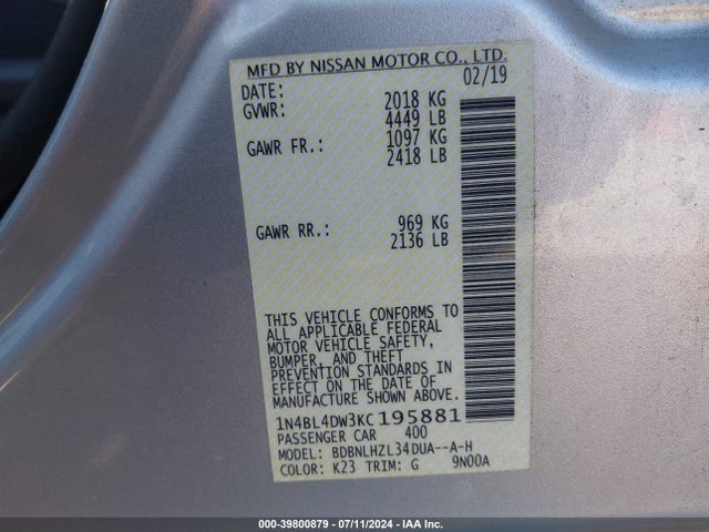 Nissan Altima 2.5 Sv 2019 1N4BL4DW3KC195881 Image 9