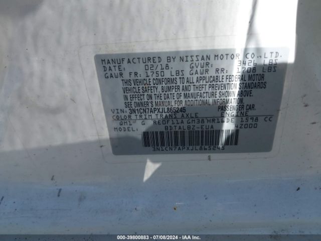 3N1CN7APXJL865245 Nissan Versa 1.6 Sv