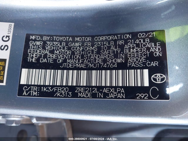 Toyota COROLLA LE 2021 JTDEPMAE7MJ174764 Image 9