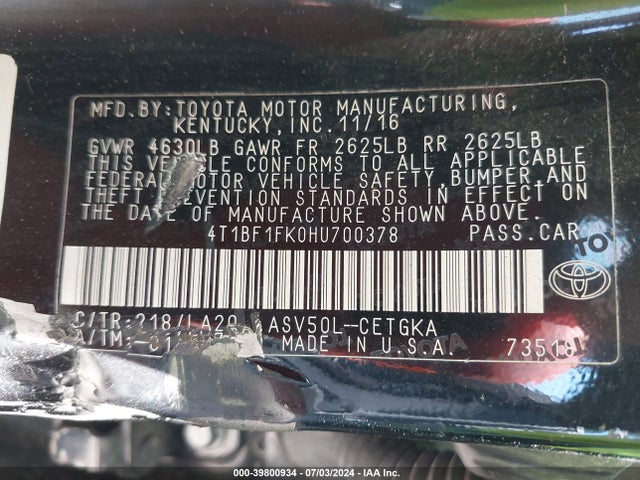 Toyota CAMRY XLE 2017 4T1BF1FK0HU700378 Image 9