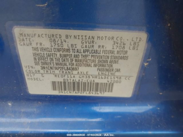3N1CN7AP2FL843697 Nissan Versa 1.6 S+