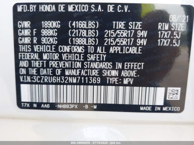 3CZRU6H32NM711369 Honda Hr-v Awd Lx