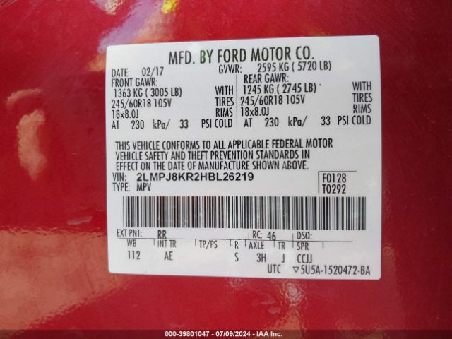 2LMPJ8KR2HBL26219 Lincoln Mkx Select