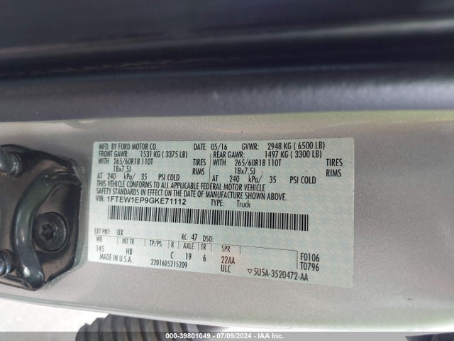 Ford F-150 Lariat 2016 1FTEW1EP9GKE71112 Image 9