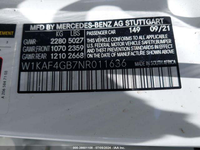 W1KAF4GB7NR011636 Mercedes-Benz C 300 Sedan