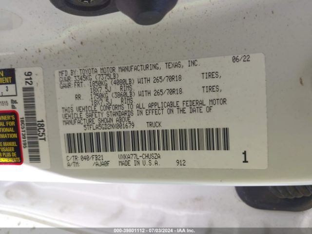 5TFLA5GD2NX001679 Toyota Tundra Sr5