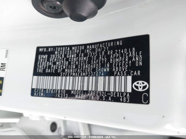 Toyota COROLLA LE 2021 5YFEPMAE8MP237074 Image 9