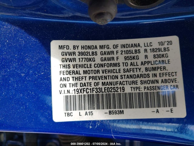 Honda CIVIC EX 2020 19XFC1F33LE025219 Image 9
