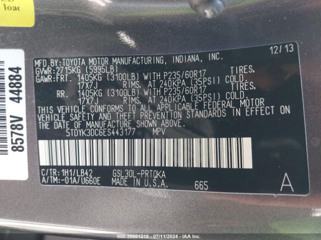 5TDYK3DC6ES443177 Toyota Sienna Xle V6 8 Passenger