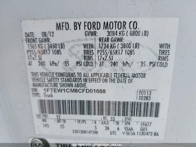 Продаж на аукціоні авто 2012 Ford F-150 Xl, vin: 1FTEW1CM8CFD01688, номер лоту: 39801323