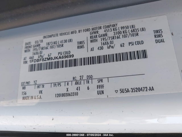 Ford Transit-350 Cab 2018 1FDBF8ZM9JKA69699 Image 9