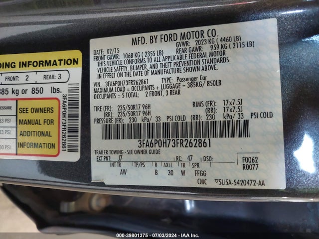 Ford FUSION SE 2015 3FA6P0H73FR262861 Image 9