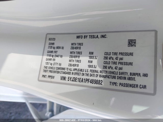 2023 TESLA MODEL 3 5YJ3E1EA1PF489882 Photo 8
