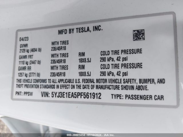 5YJ3E1EA5PF561912 Tesla Model 3 Rear-wheel Drive