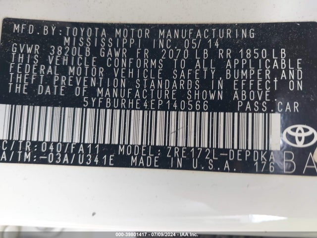 Toyota COROLLA L 2014 5YFBURHE4EP140566 Image 9