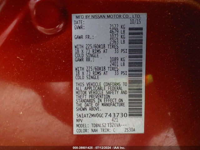 Nissan Rogue Sl 2016 5N1AT2MV0GC743730 Image 9