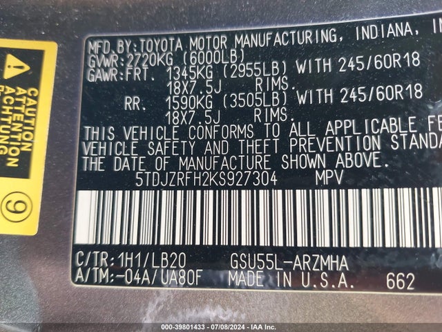 Toyota Highlander Xle 2019 5TDJZRFH2KS927304 Image 9