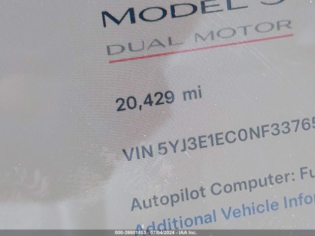 5YJ3E1EC0NF337655 Tesla Model 3 Performance Dual Motor All-wheel Drive