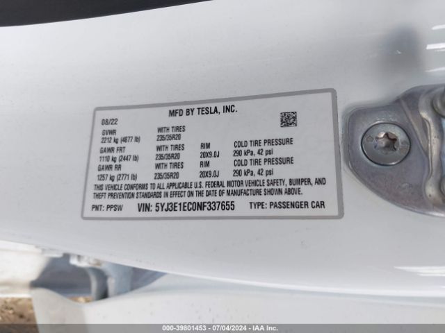 5YJ3E1EC0NF337655 Tesla Model 3 Performance Dual Motor All-wheel Drive