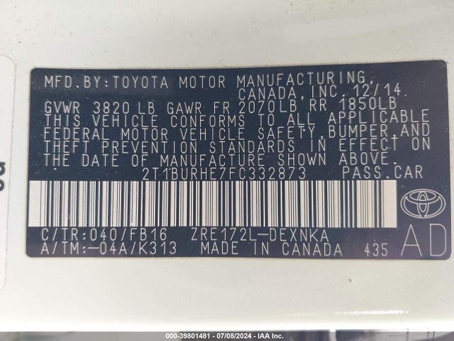 Toyota COROLLA LE 2015 2T1BURHE7FC332873 Image 9